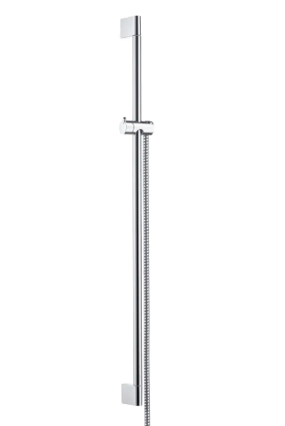 Hansgrohe Duschelement in chromfarbener Ausführung, bestehend aus einer vertikalen Stange und einem flexiblen Brauseschlauch.